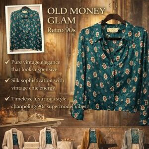 OLD MONEY GLAM ELEGANCE SILK Vintage 90s Emerald Green RICH  Blouse Size 14